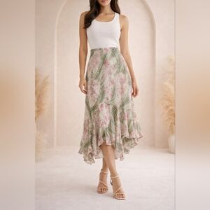 Asymmetrical Floral Skirt in Green and Pink